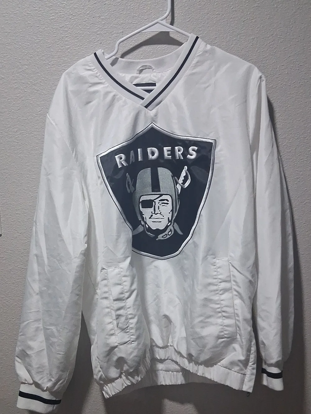 NFL White and Black Raiders V-Neck Pullover Windbreaker Jacket